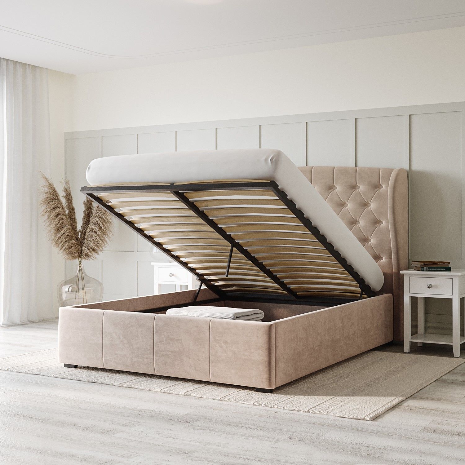 Read more about Beige velvet king size ottoman bed with winged headboard safina